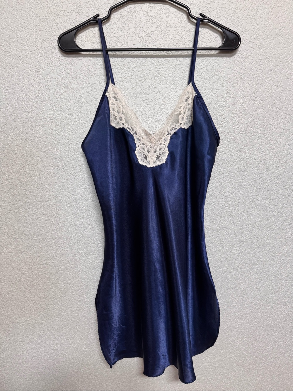 Vintage 90s Lace Trim V Neck Satin Mini Slip Dress Navy Women’s M Y2K Lingerie